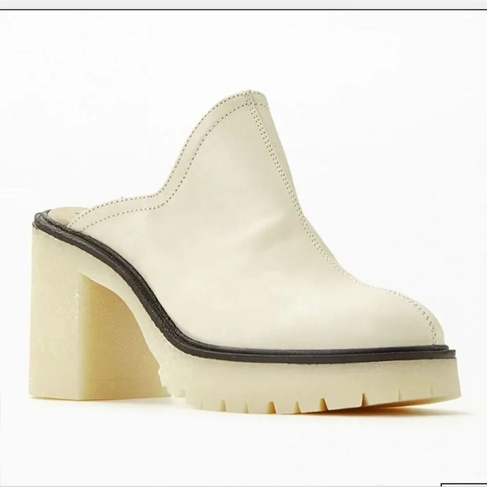 Free People Cream Leather James Chunky Heel Mules